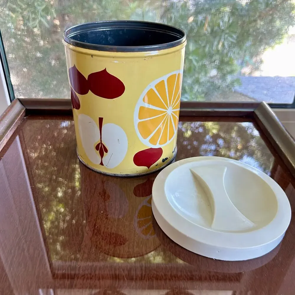 Vintage Procter & Gamble Atomic Fruit Print Canister Tin with Lid, 60s/70s